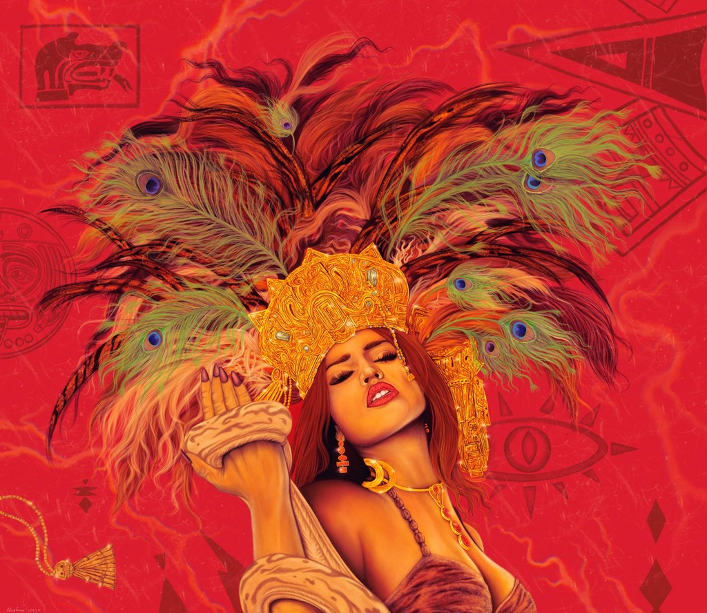 Radiant Sensuality by Chris Limeres: a woman with closed eyes, crowned in carved gold and a spray of peacock plumes, against a red ground of Aztec signs