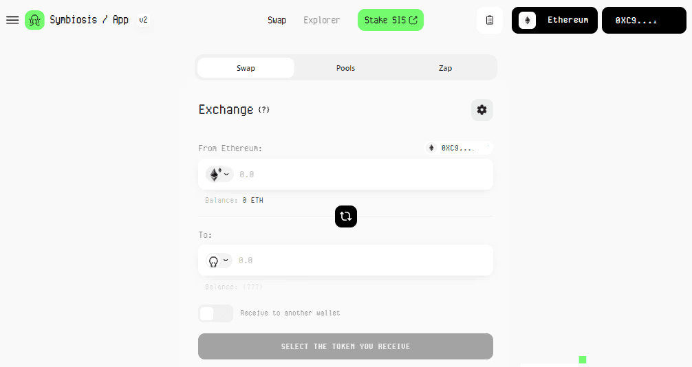 Symbiosis swap interface showing Ethereum to token exchange form