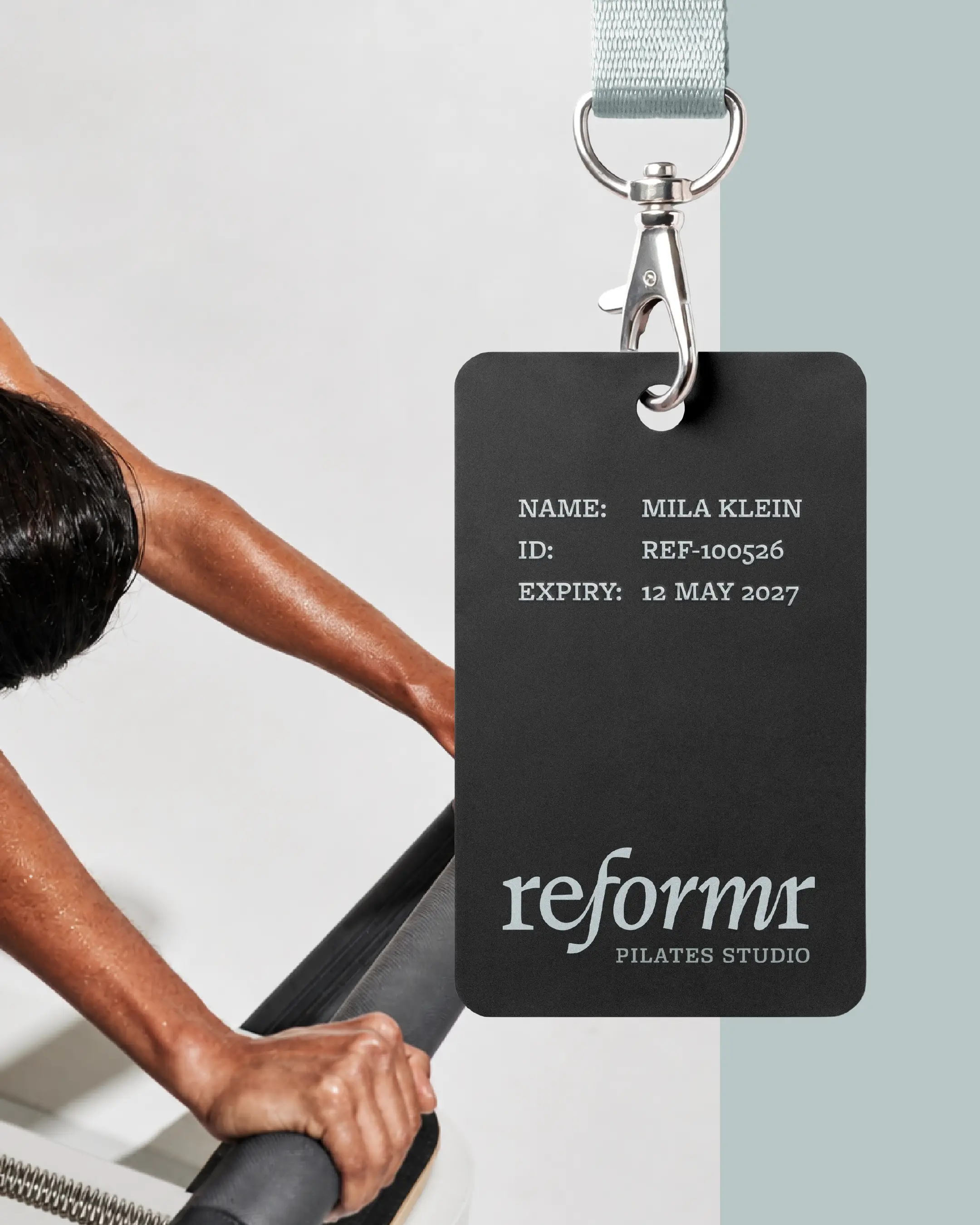 Reformr Pilates Studio brand identity — membership lanyard tag with member name, ID, and expiry details
