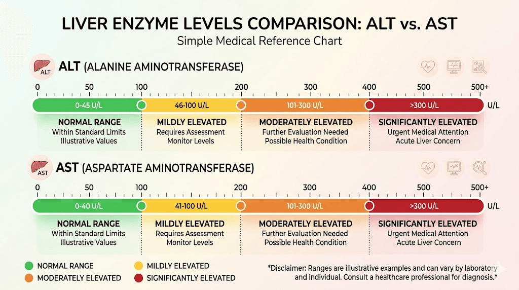 Liver enzyme ALT AST normal and elevated ranges chart for semaglutide monitoring