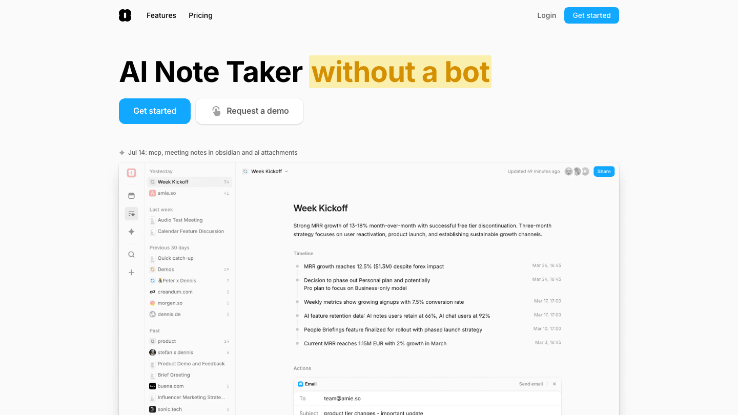 Amie AI calendar and note-taking app interface