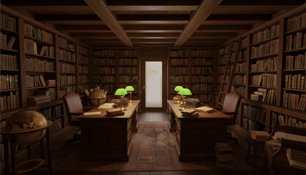 Oficina de abogado previsional con biblioteca jurídica en Buenos Aires