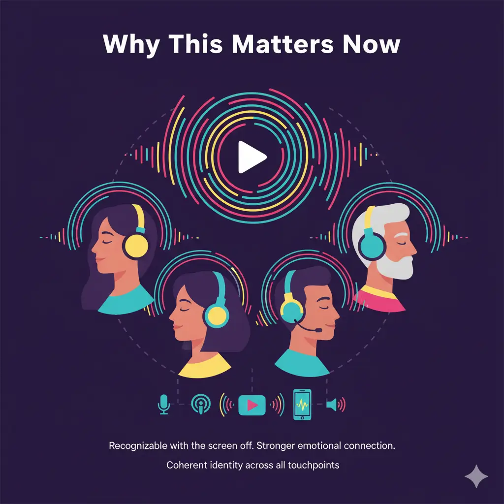 A colorful, abstract representation of a sound wave with a play button in the center, surrounded by four diverse individuals wearing headphones. Sound waves emanate from the central graphic, connecting to each person's head, suggesting a shared and immersive audio experience. Below, various icons represent audio components like a microphone, podcast symbol, and phone. The overall image illustrates that a strong sonic brand creates recognition and emotional connection for a diverse audience, even "with the screen off."