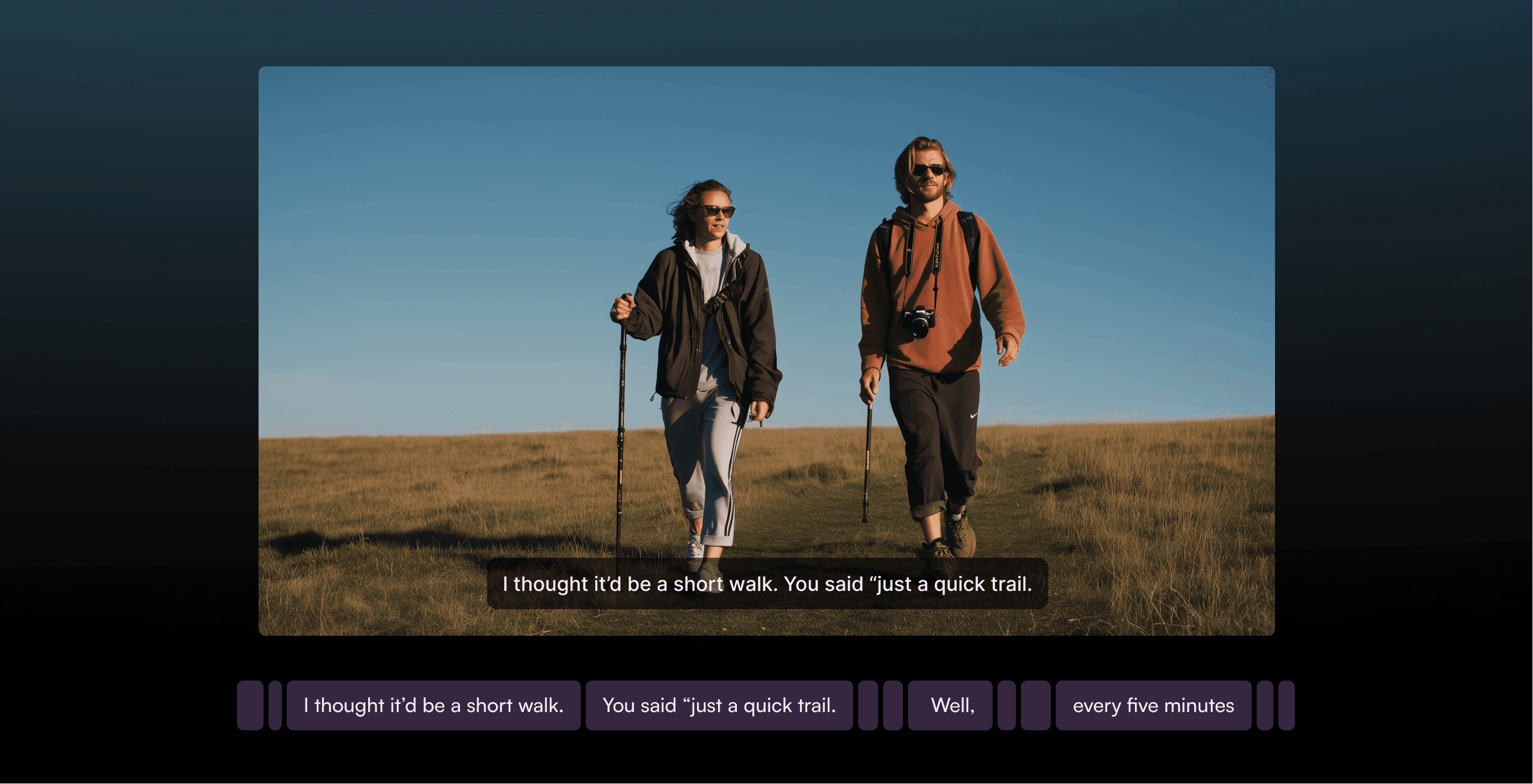Video of two people walking outdoors with subtitles and caption segments below the frame, showing automatic caption generation in Diffusion Studio.