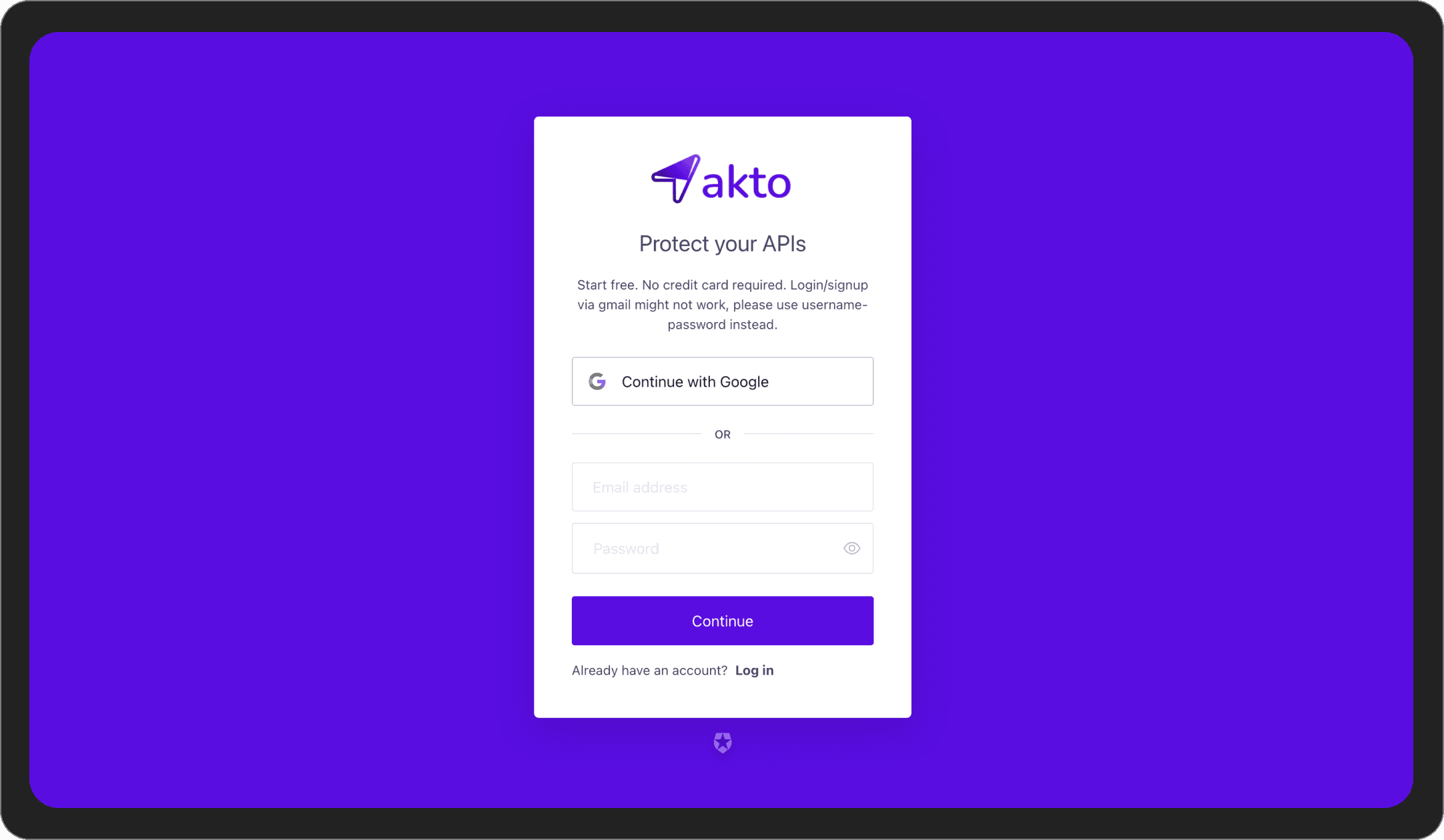 Akto cloud login page