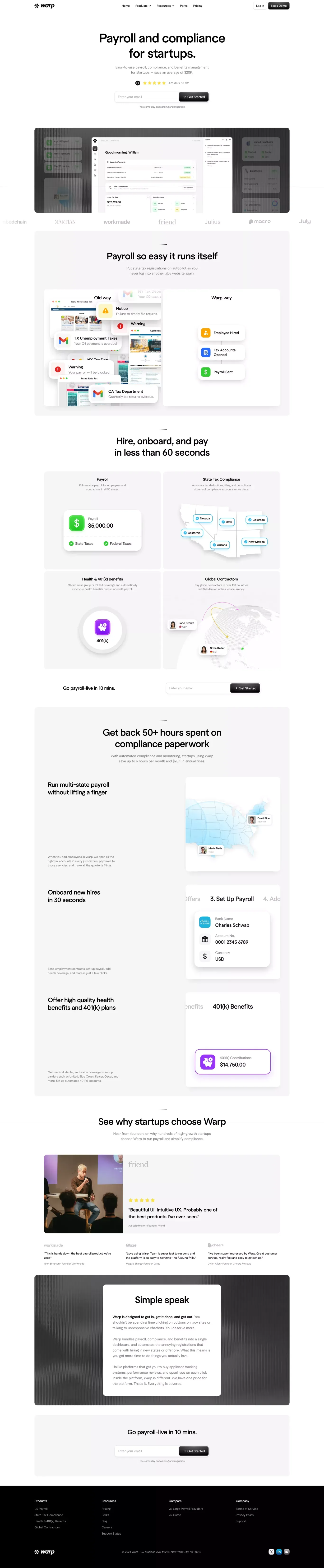 Warp landing page screenshot showcasing Finance and Tech design