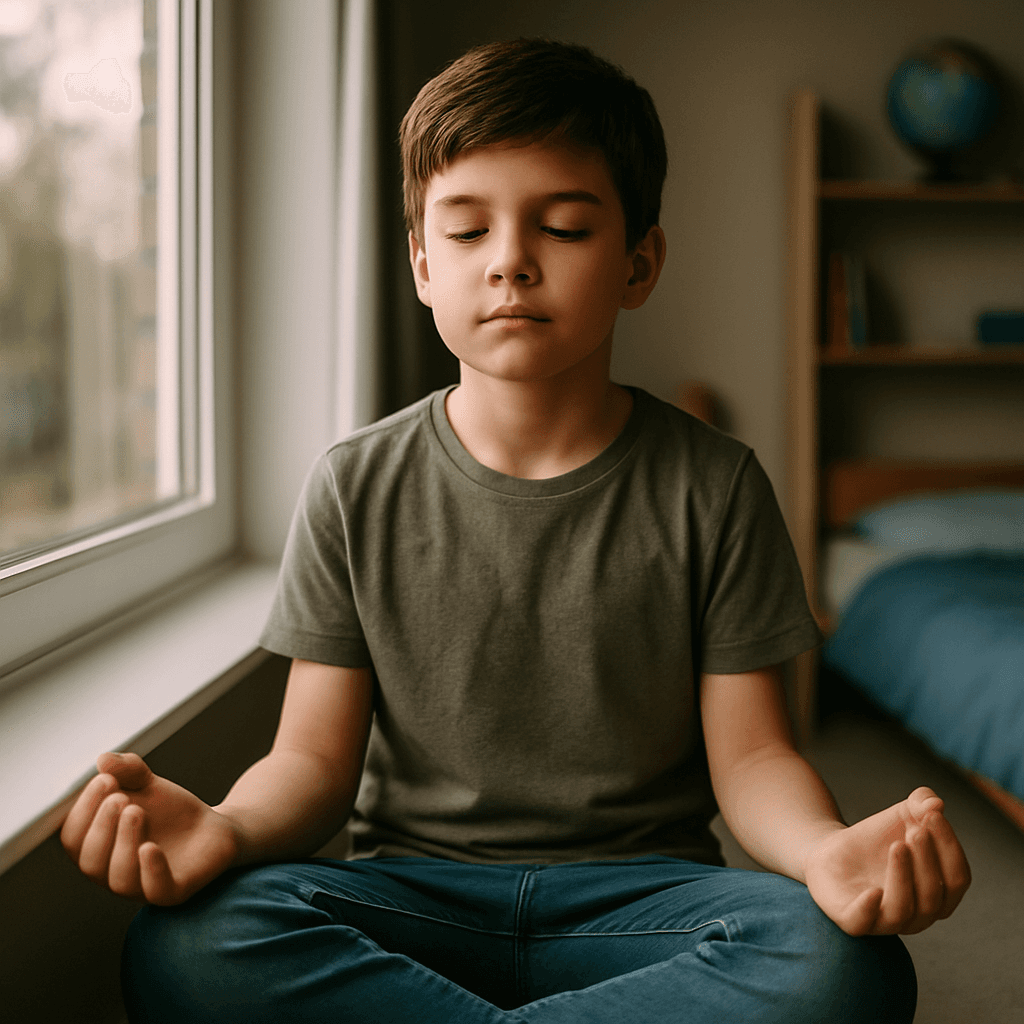 Child independently practicing separation anxiety breathing technique with focused determination