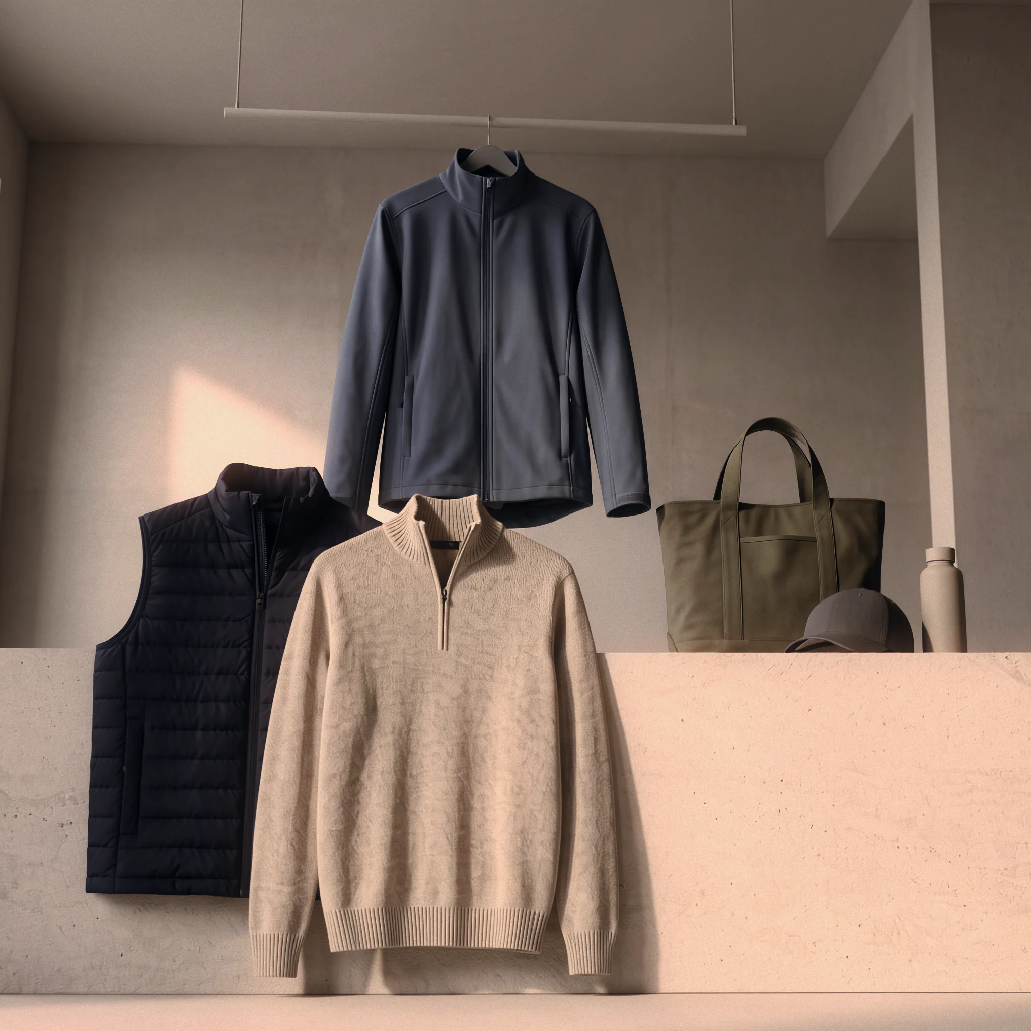 Coordinated corporate apparel collection with jackets, vest, quarter-zip, tote, cap and bottle.