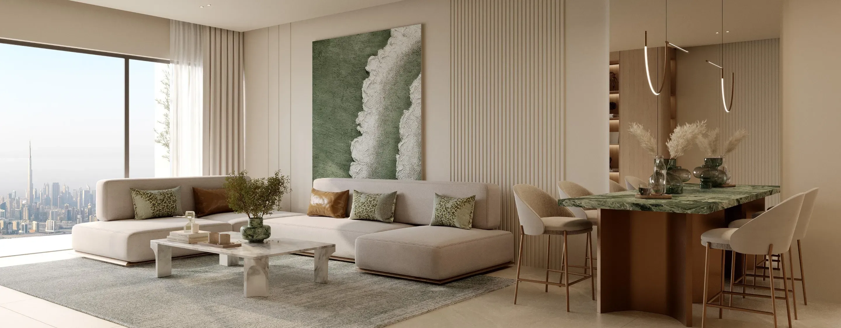 Chic living and dining area in a Binghatti Hillcrest suite. Professional real estate agent interior showcase.