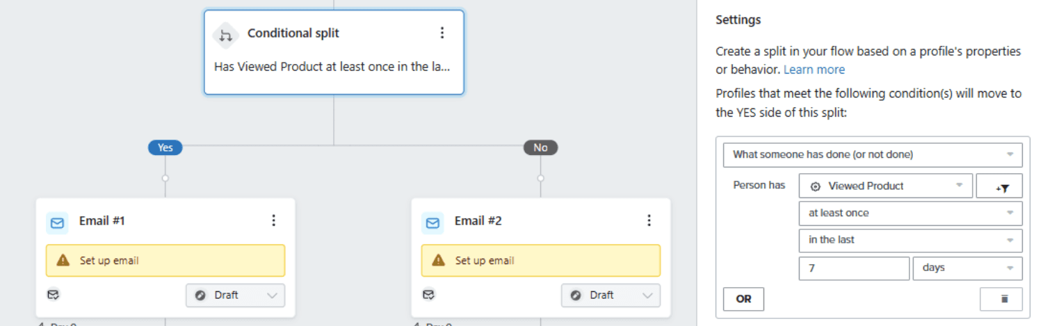 Behavior-Based Split.png – Klaviyo flow with a conditional split checking if a user has viewed a product in the last 7 days.