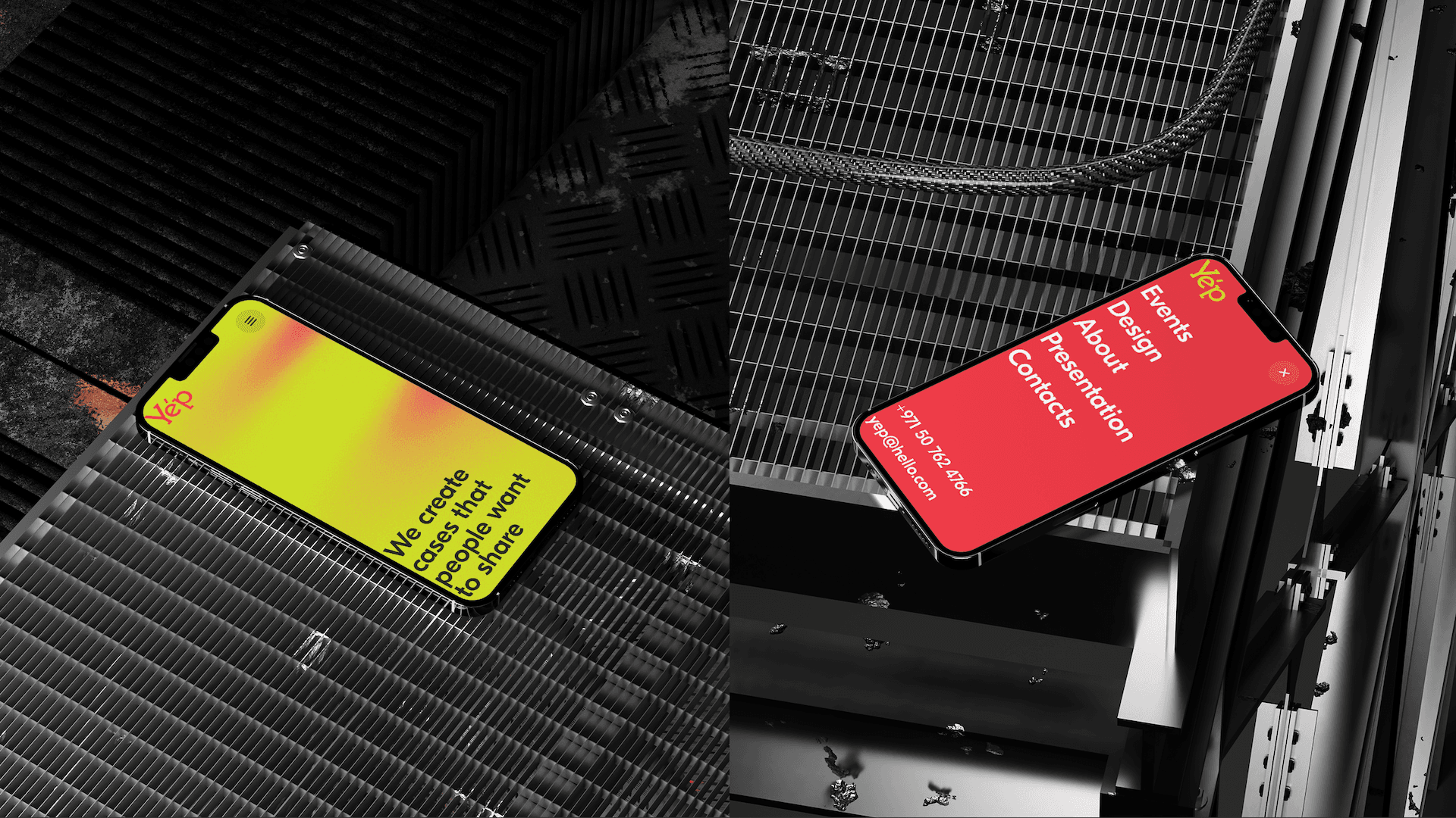 Mockups of Yep mobile website homepage and menu sections designed by our team within the brandbook project