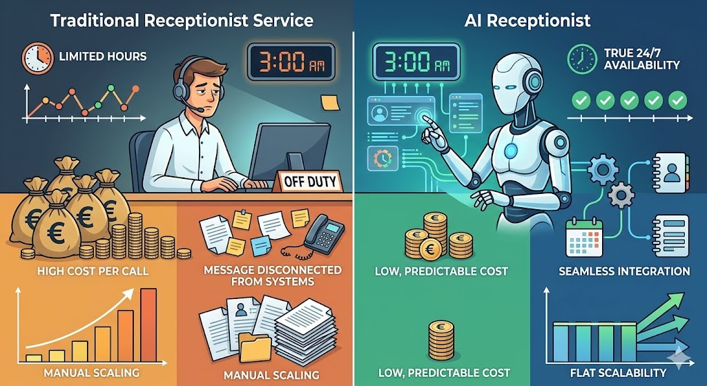 Traditional receptionist service vs AI receptionist comparison