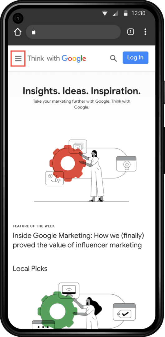 Mobile screen display of the Think with Google home page