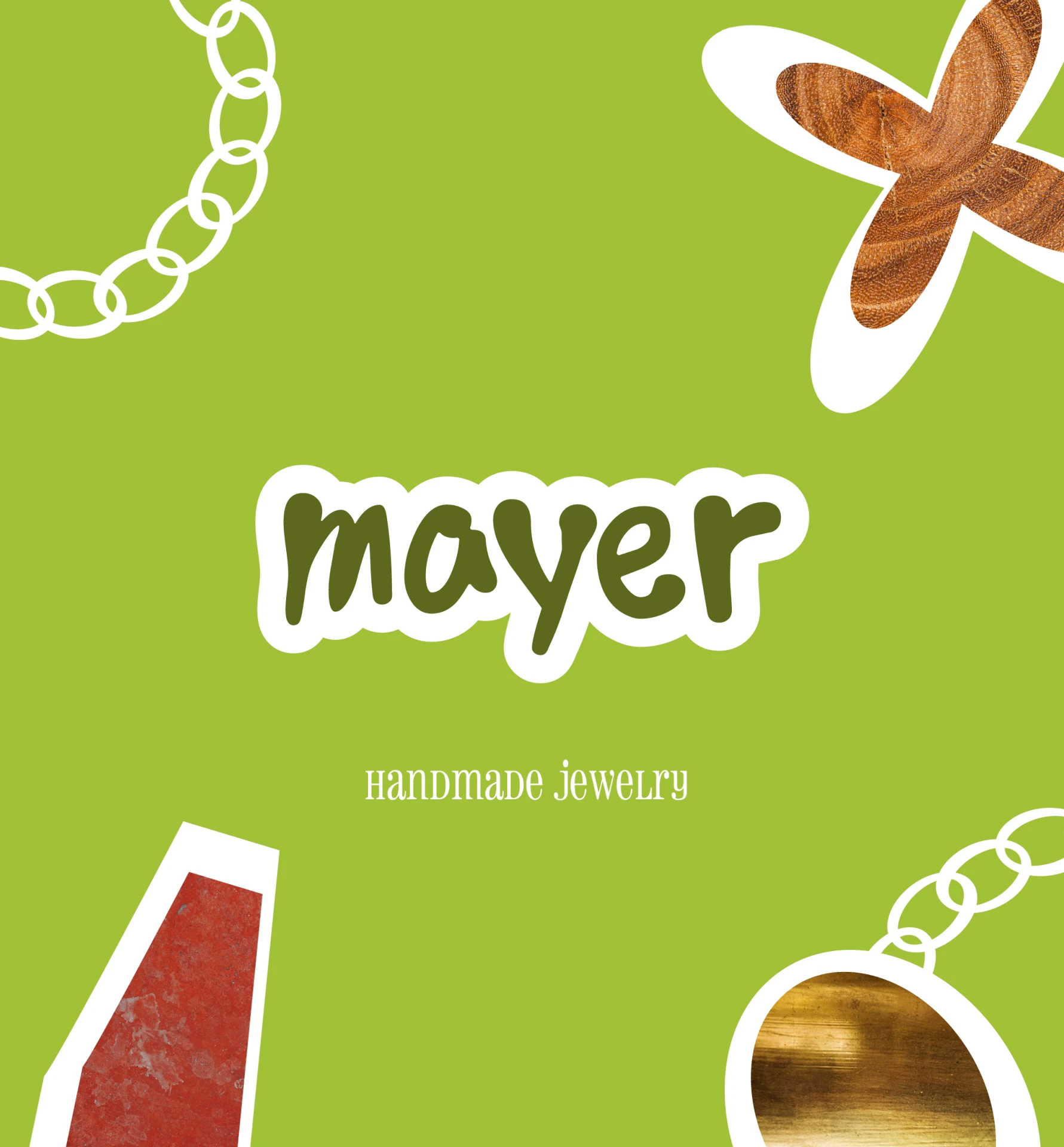 Visuel identitaire Mayer Handmade Jewelry format carré — logo sur fond chartreuse avec éléments collage aux quatre coins, déclinaison réseaux sociaux de la charte graphique, Tartelette Concept