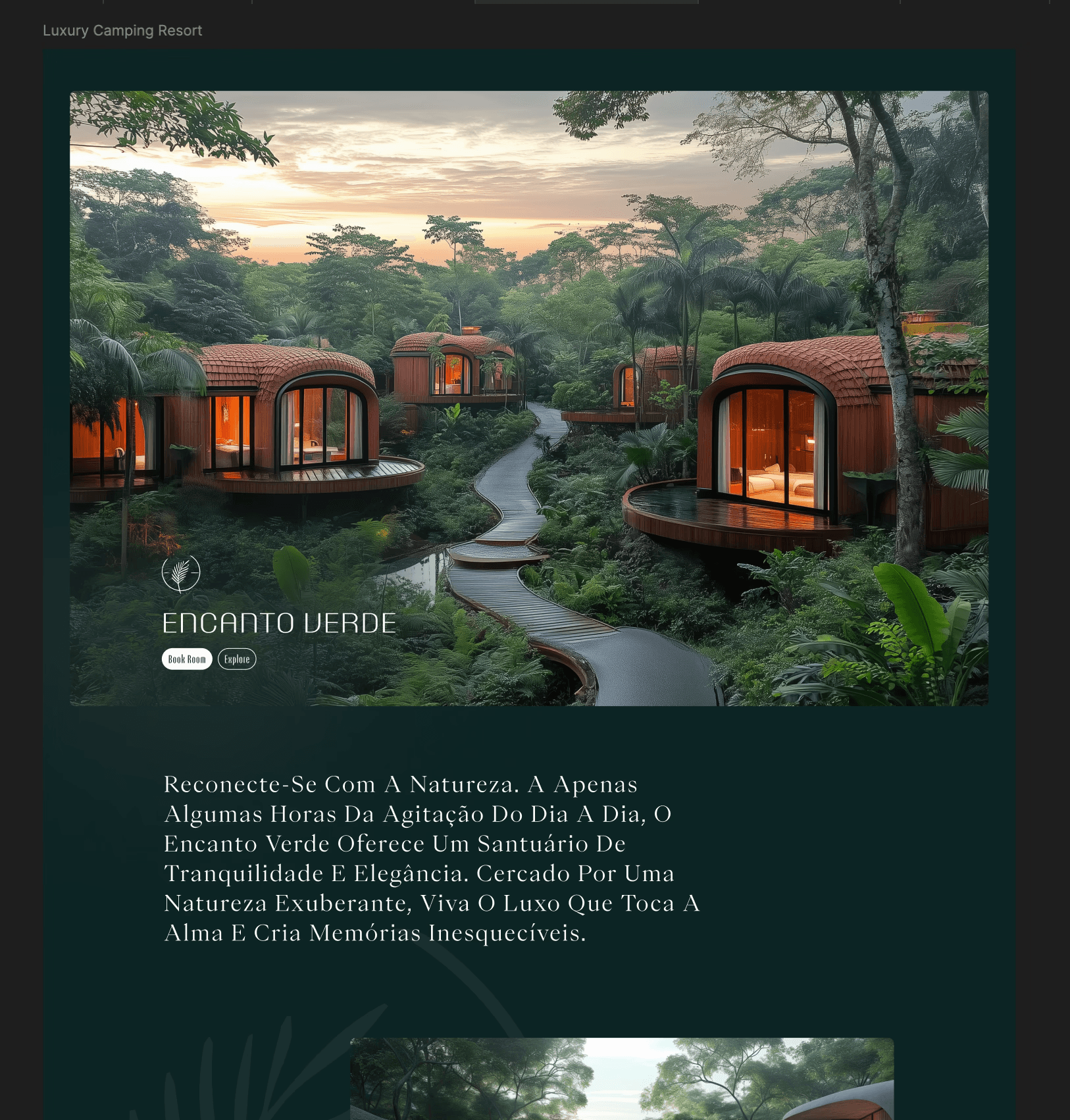 Webdesign für Luxus-Resort ‘Encanto Verde’, zeigt moderne Camping-Hütten in tropischer Umgebung mit geschwungenem Holzsteg, beleuchteten Fenstern und einladendem Naturtext.