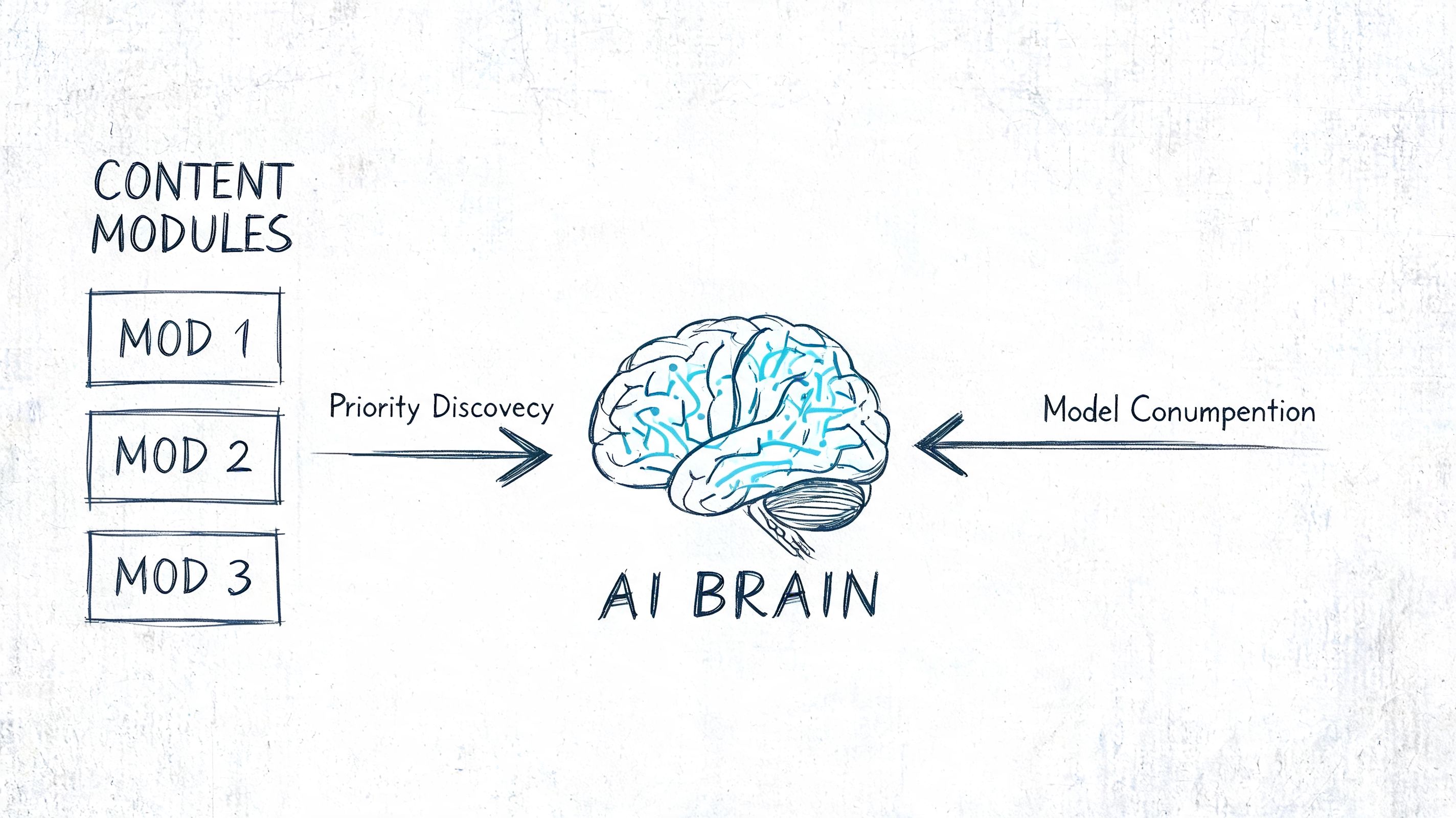 A conceptual diagram illustrating an AI brain receiving content modules via priority discovery and model consumption processes.
