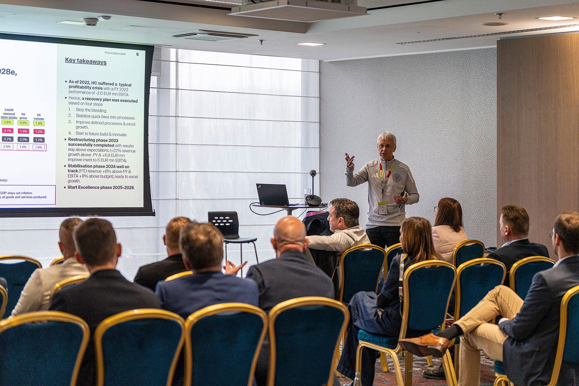 Speaker presenting key takeaways during a breakout session at the CWS sales kickoff conference in Prague, with attendees seated in the audience.