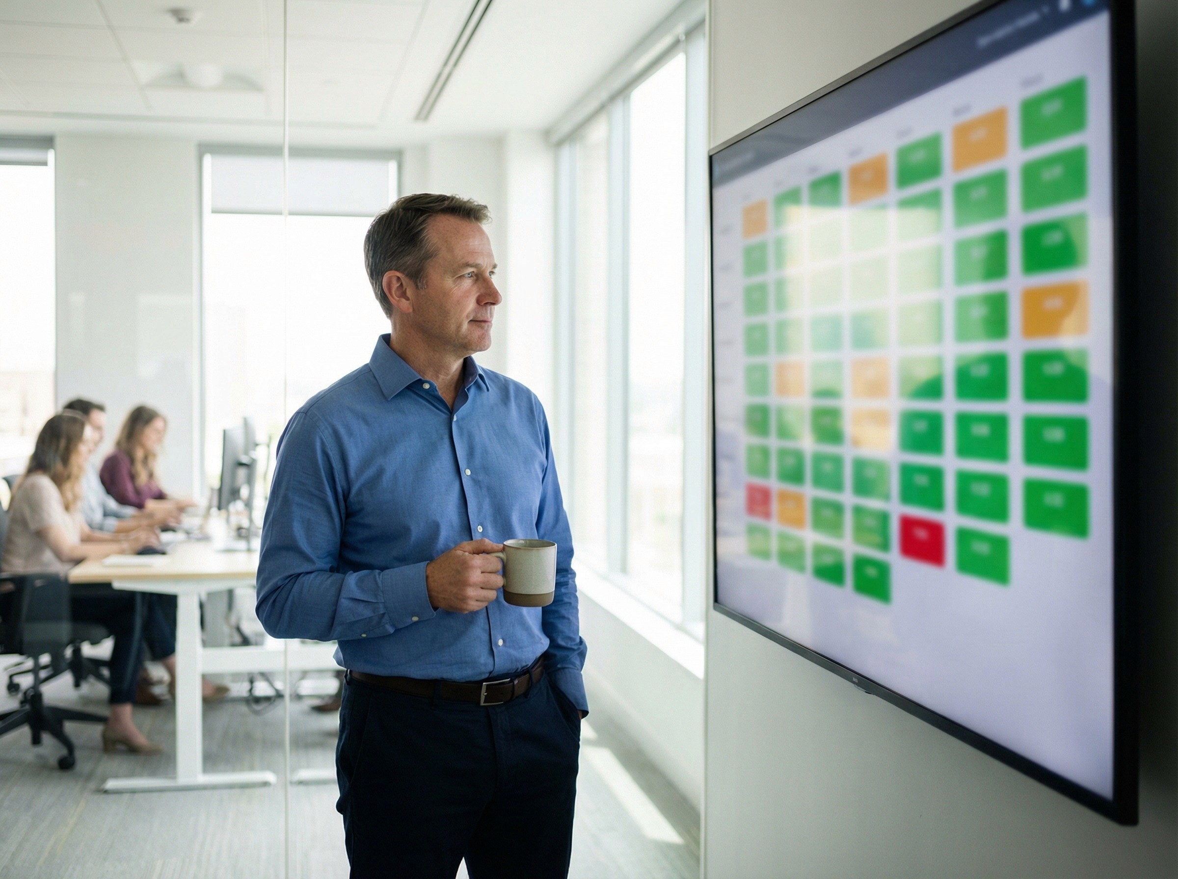 A WHS director in his early 50s standing at a large wall-mounted monitor in a bright, modern office, one hand in his pocket, the other holding a coffee, reviewing a dashboard display. The dashboard shows a grid-style layout with rows of coloured status indicators — greens, ambers, and a few distinct reds — but the specific content is not legible. He is not presenting to anyone. He is alone with the data, scanning it methodically, his expression that of someone identifying exactly where the gaps are before deciding what to do next.