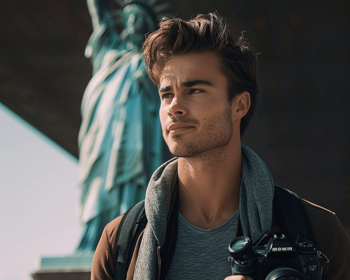 A young man with tousled hair, wearing a grey scarf and a brown jacket, stands in front of the Statue of Liberty holding a camera. He gazes thoughtfully into the distance with a slight smile.