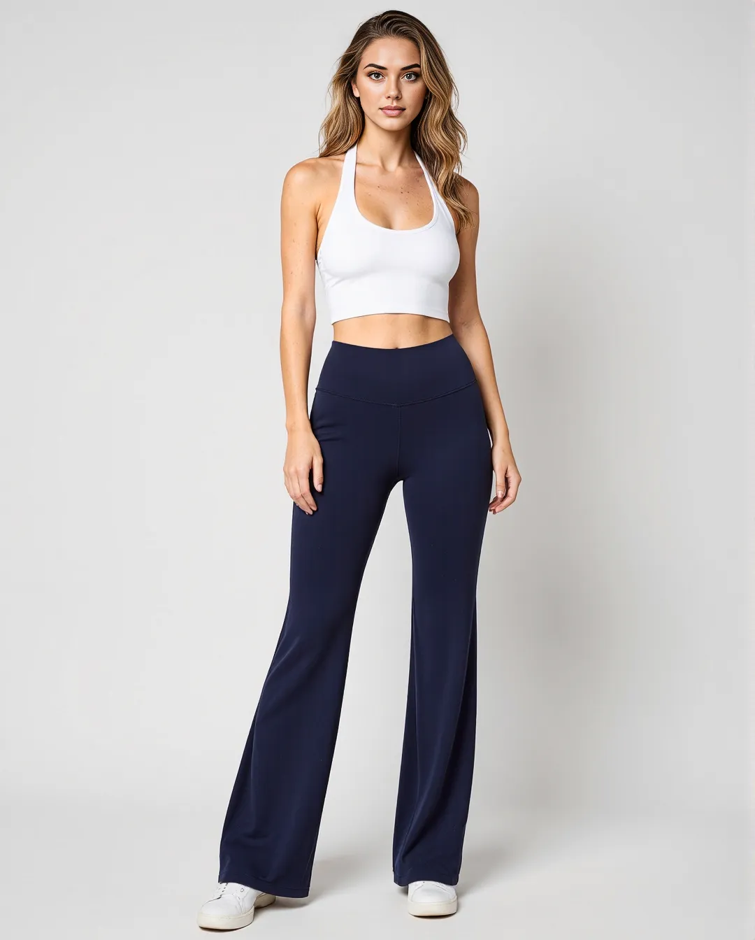 Fashion photography featuring athleisure wear with white crop top and navy flared pants against minimal gray background