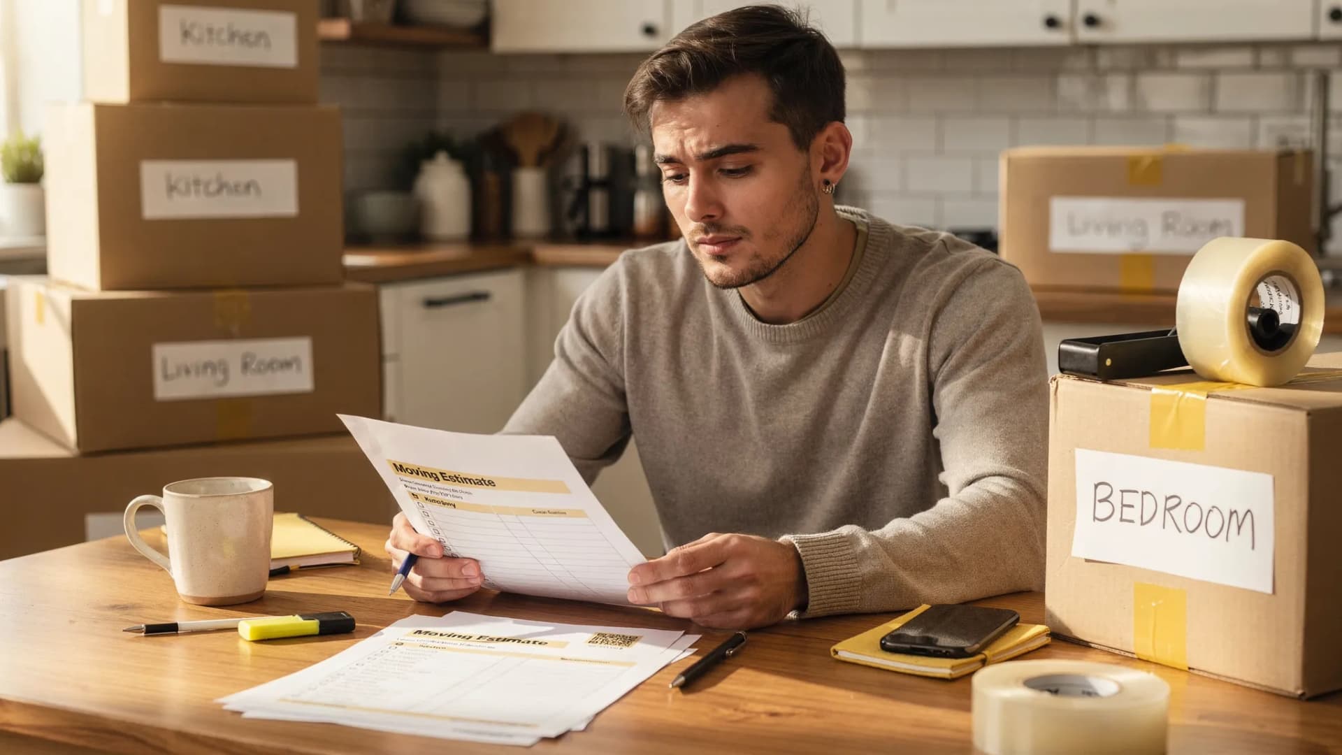 A first-time mover reviewing a printed moving estimate and inventory checklist at a kitchen table, with labeled moving boxes and packing tape in the background.