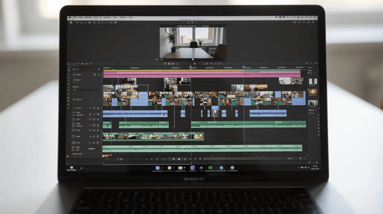 The image shows a laptop screen displaying a video editing timeline filled with multiple clips arranged in sequence, representing the process of creating a legacy video that captures family stories and memories for future generations. This editing interface highlights the importance of preserving life histories and meaningful moments shared with loved ones.