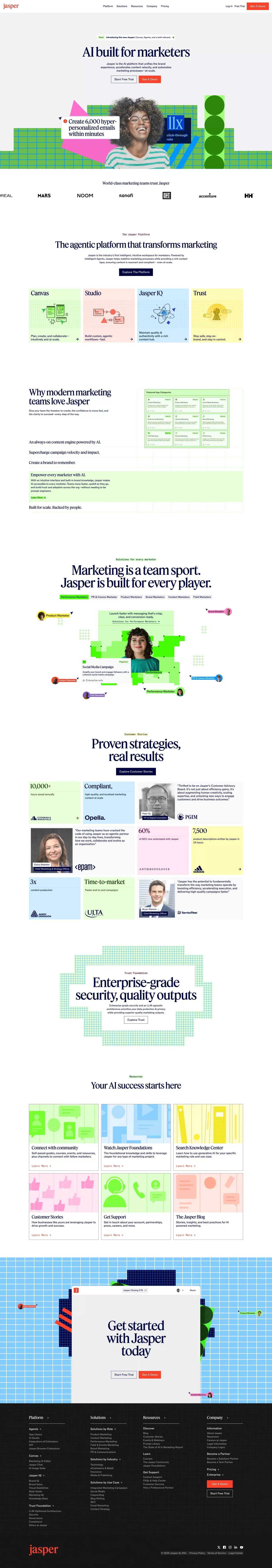 AI that’s built for marketing – Jasper landing page screenshot showcasing AI and Marketing design