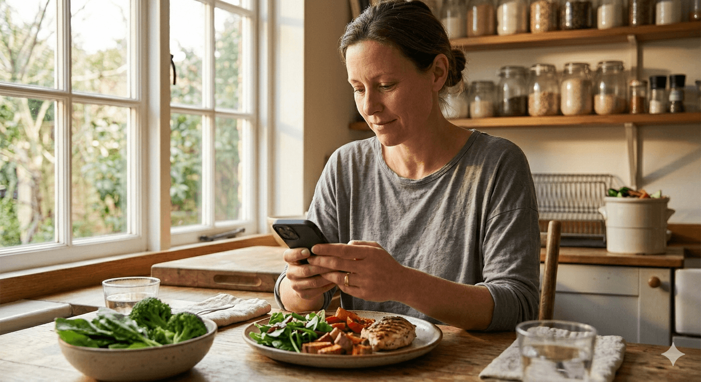 Woman reviewing nutrition app on phone at breakfast — choosing the right food tracking app for women's health