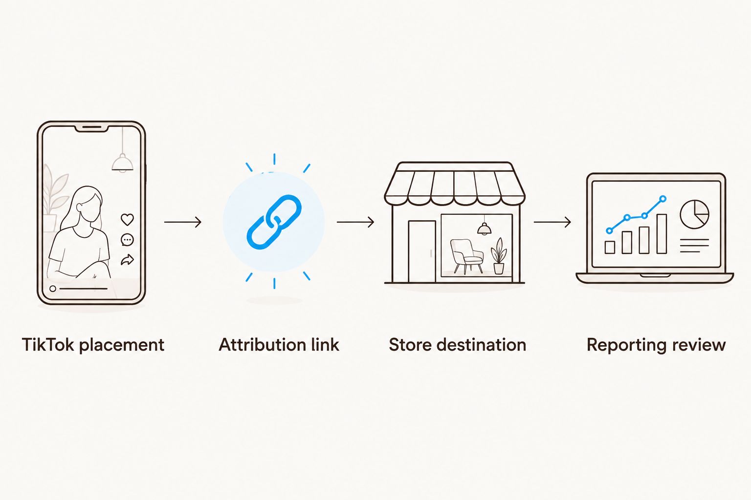The click path from a TikTok placement through an attribution link to an Amazon Store and reporting