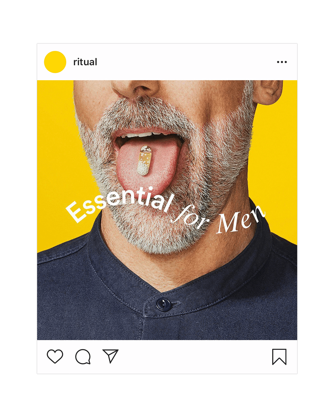A man with a Ritual vitamin capsule on his toungue. Text overlays the image saying "Essential for Men".