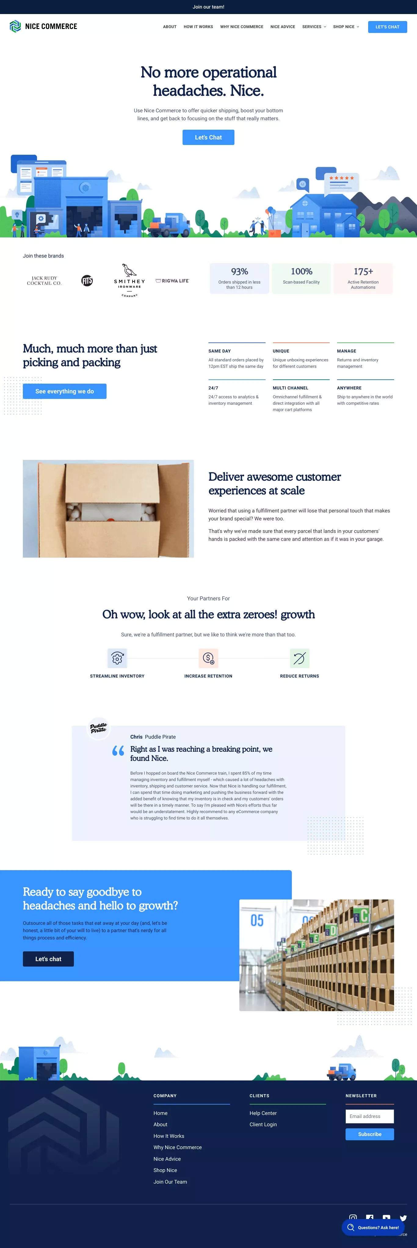 Nice Commerce High-Touch Fulfillment 3PL landing page screenshot showcasing Tech and Ecommerce design