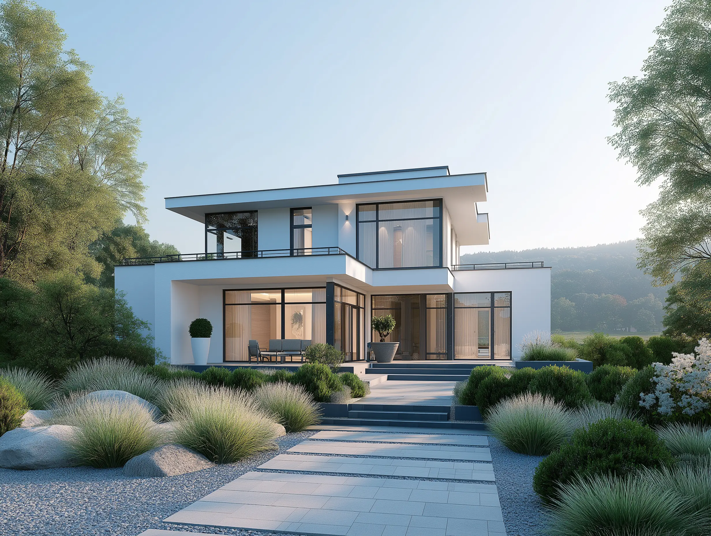 A frontal view of a two-story modern house with large windows, featuring a geometric design, a flat roof, and a paved path leading through a landscaped garden with ornamental grasses and bushes against a backdrop of distant hills.