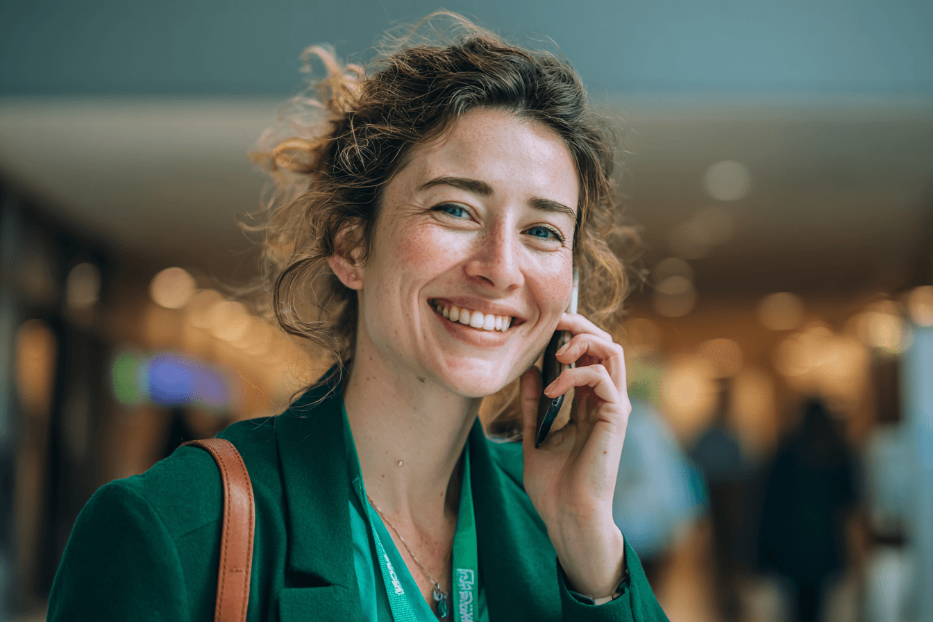 a home care agency marketer, female, 30s, in a green blazer, talking on her cell phone and smiling leaving a hospital