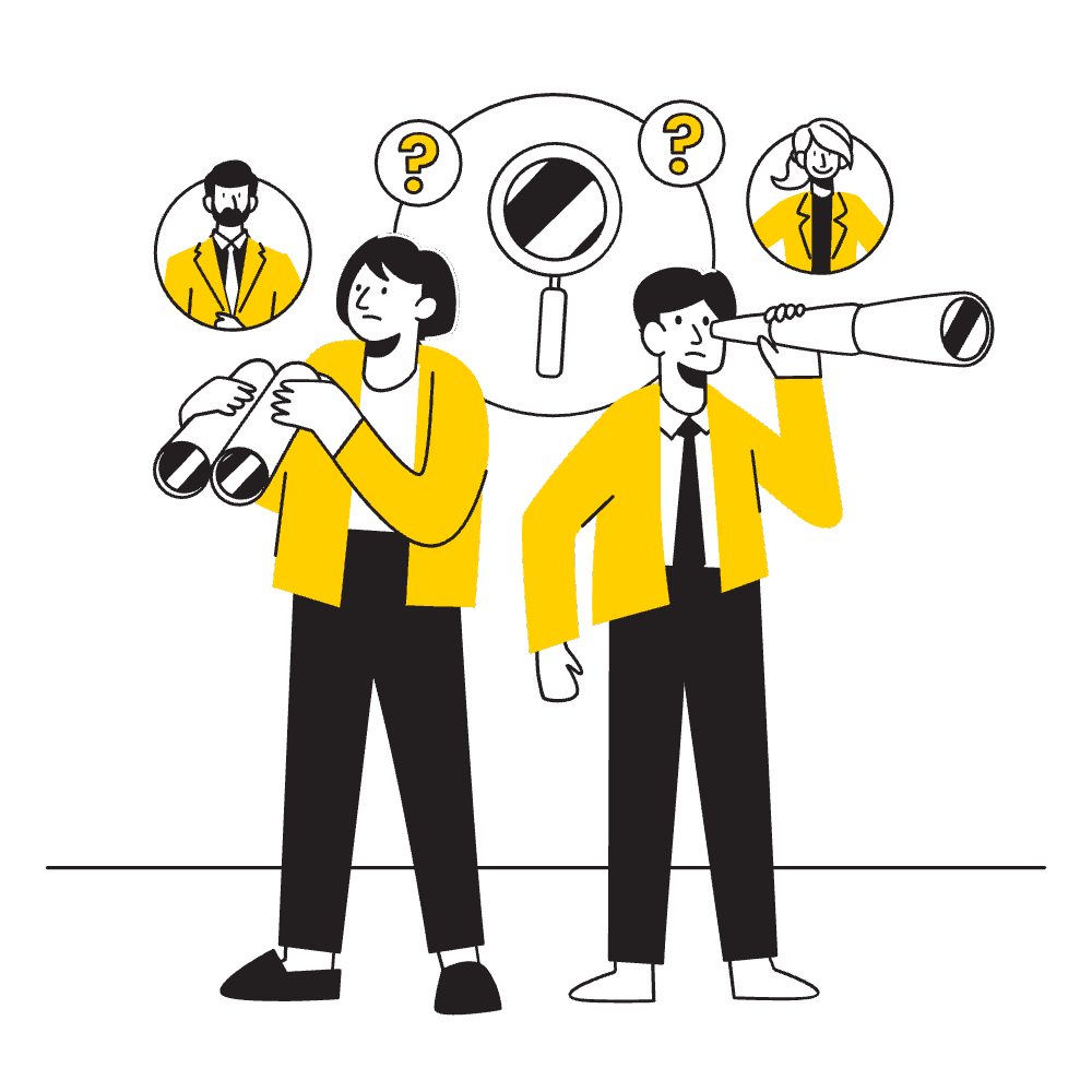 Illustration représentant deux commerciaux observant des prospects potentiels à la longue-vue et aux jumelles, symbolisant la recherche et la qualification de leads dans une stratégie de lead scoring HubSpot.