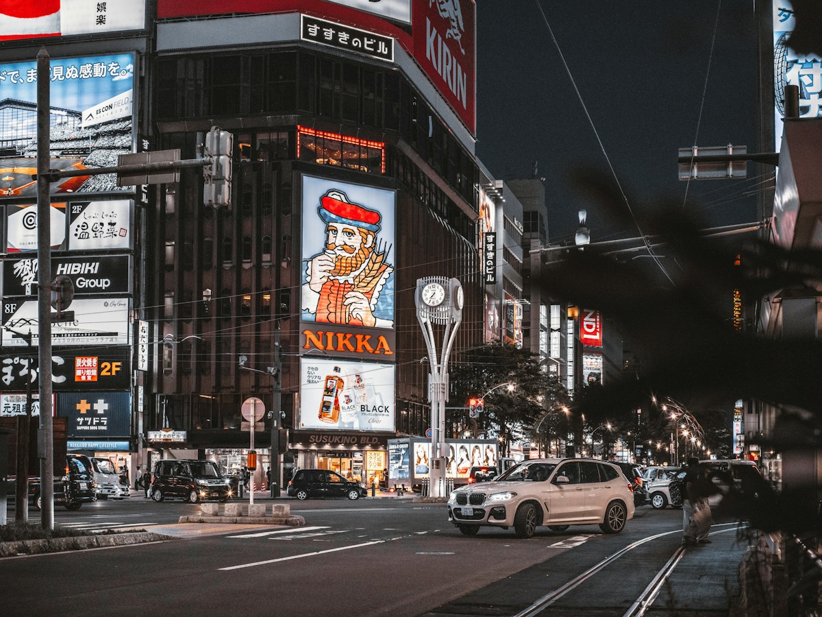 The neon-lit Susukino intersection in Sapporo at night