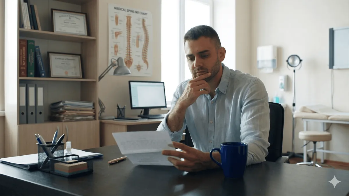 Man reading a document in a kitchen