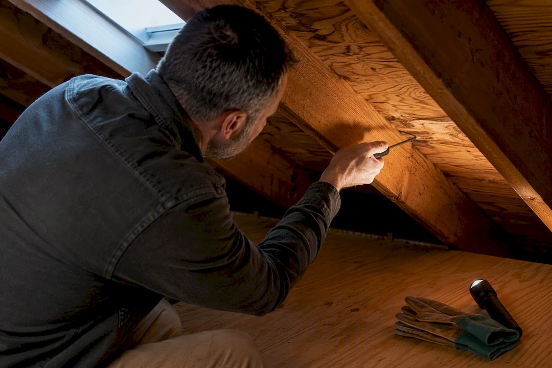 Inspector checking exposed roof decking