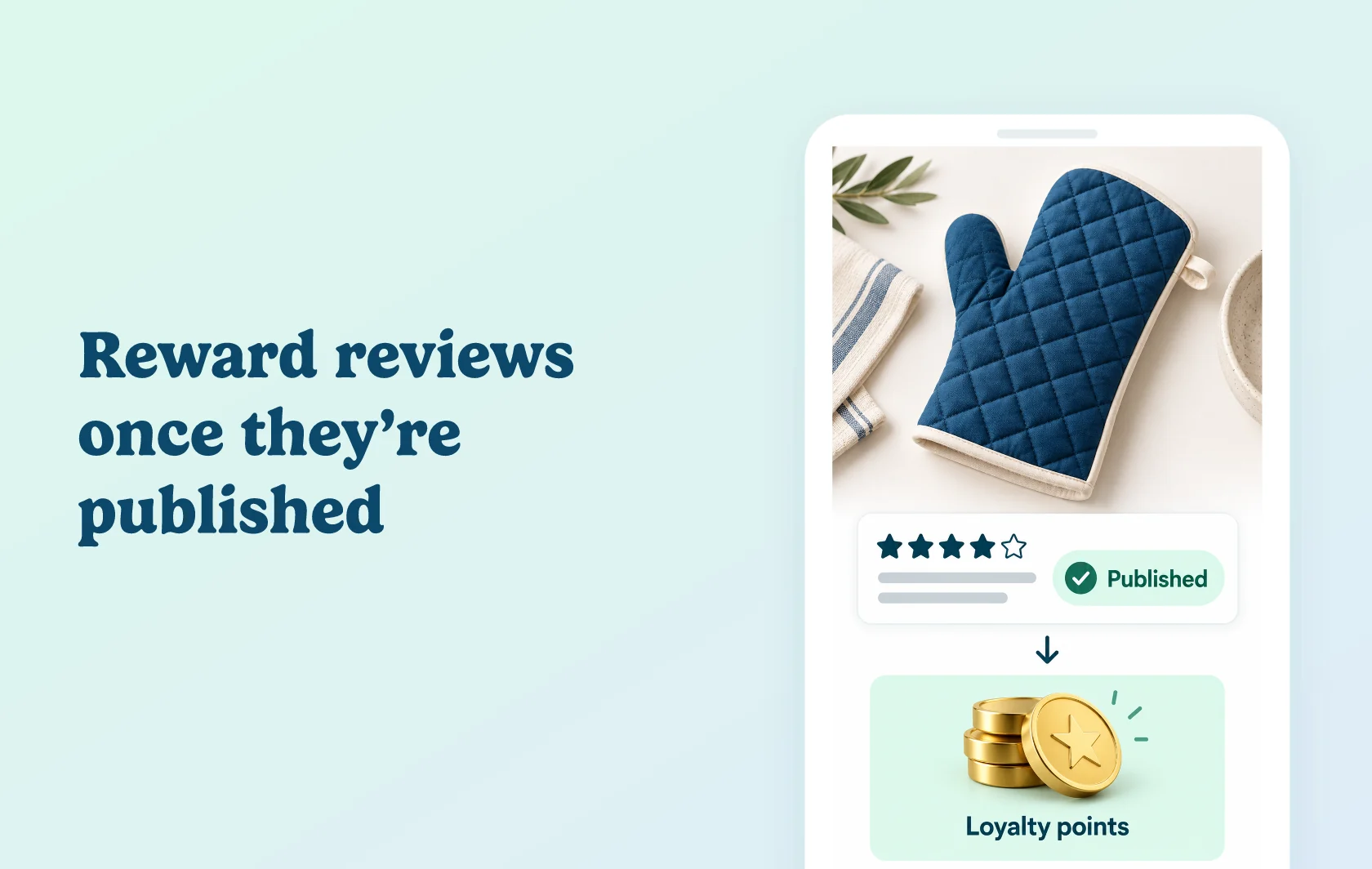 Judge.me and BLOY integration: illustration of an oven-mitt review marked published, connected to loyalty points inside a phone.