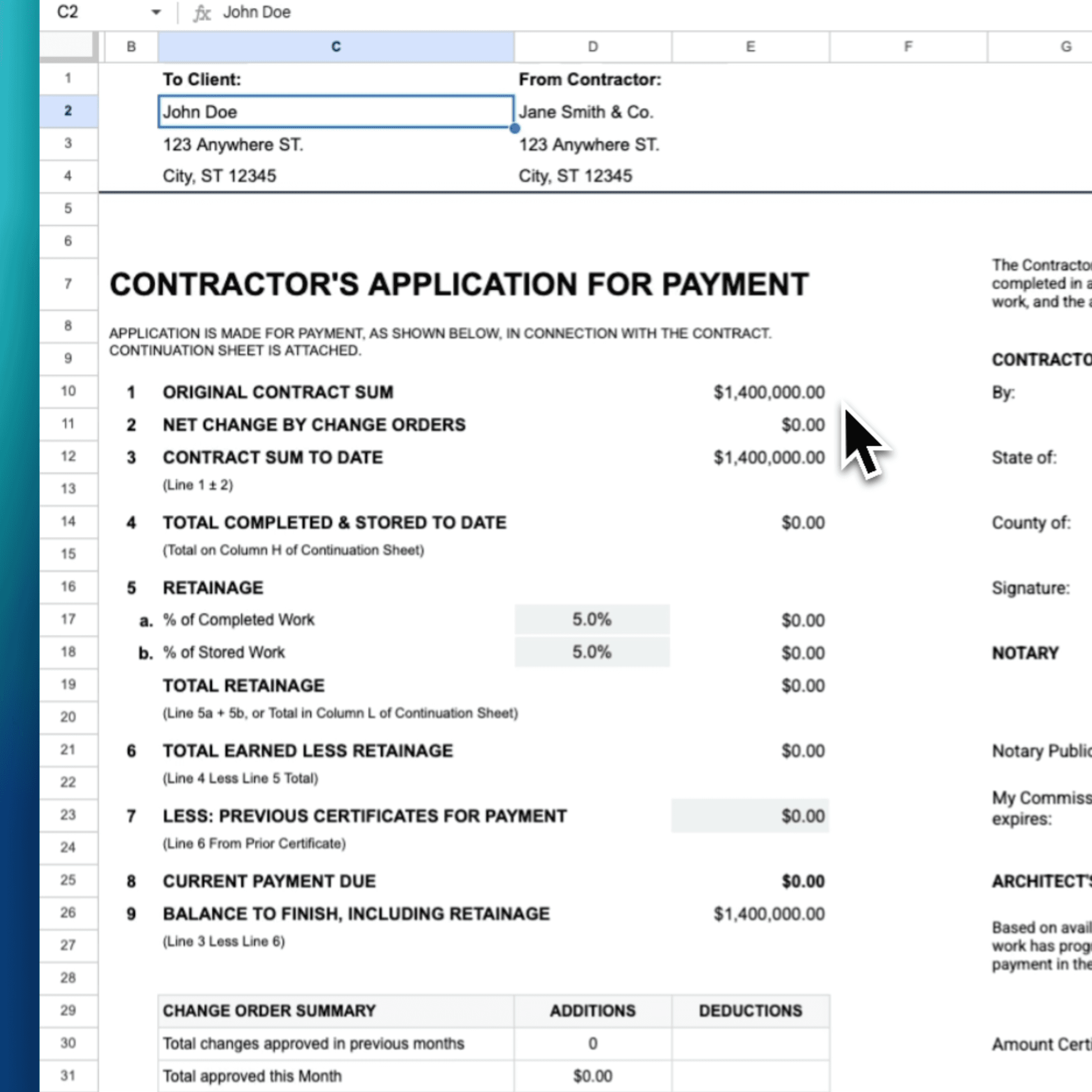 Contractor's Application for Payment header in Google Sheets – to/from client fields, project name, application number, date, original contract sum, net change orders, and certification text