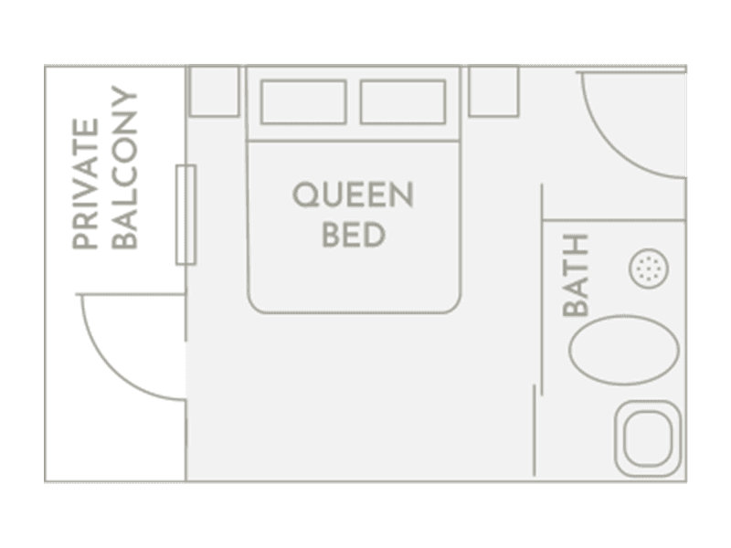 Floorplan of Room 8 at Club Vieques, showing a queen bed, private balcony, bath, and seating area.