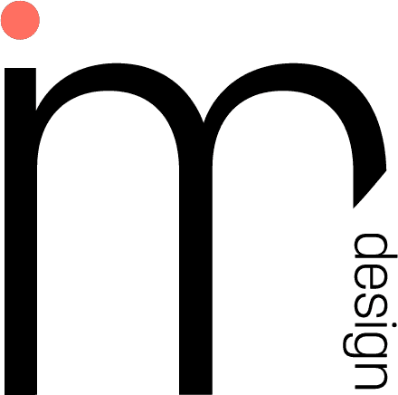 Modern logo for IM Design featuring a minimalistic black 'im' with a coral dot above the 'i' and the word 'design' vertically aligned on the right.