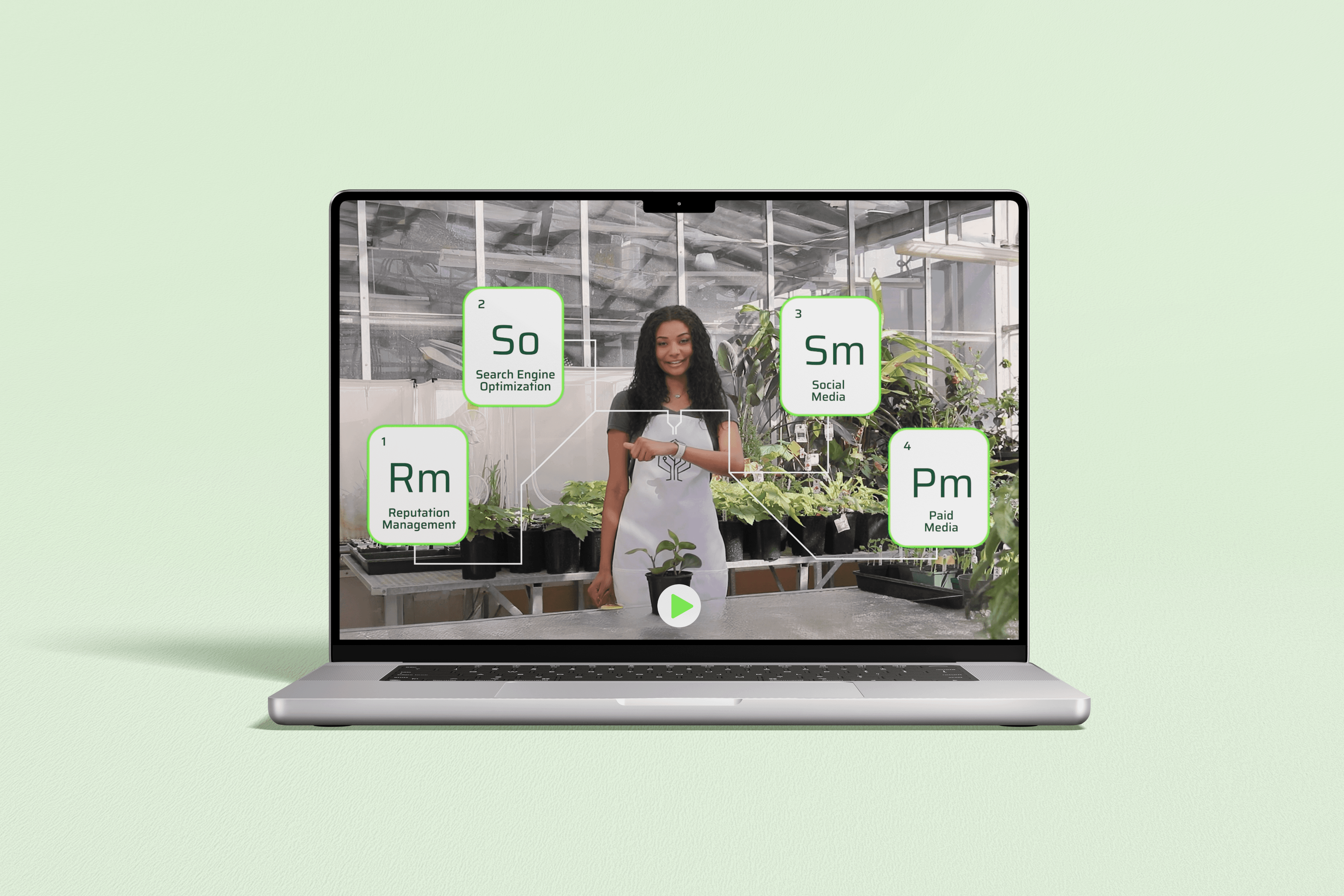 Laptop screen shows woman holding plant, digital marketing elements displayed.