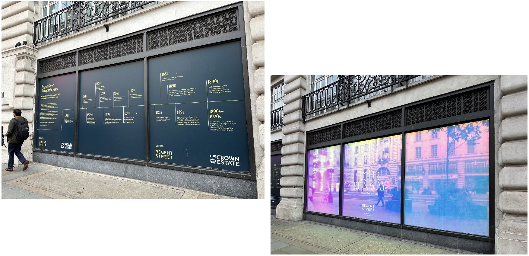 Regent Street storefront featuring dark navy blue window panels displaying a historical timeline from the 1820s-1920s with gold text and The Crown Estate branding; adjacent view shows the same storefront with illuminated digital screens displaying purple and blue gradient imagery with 'REGENT STREET' text, ornate ironwork detailing above windows