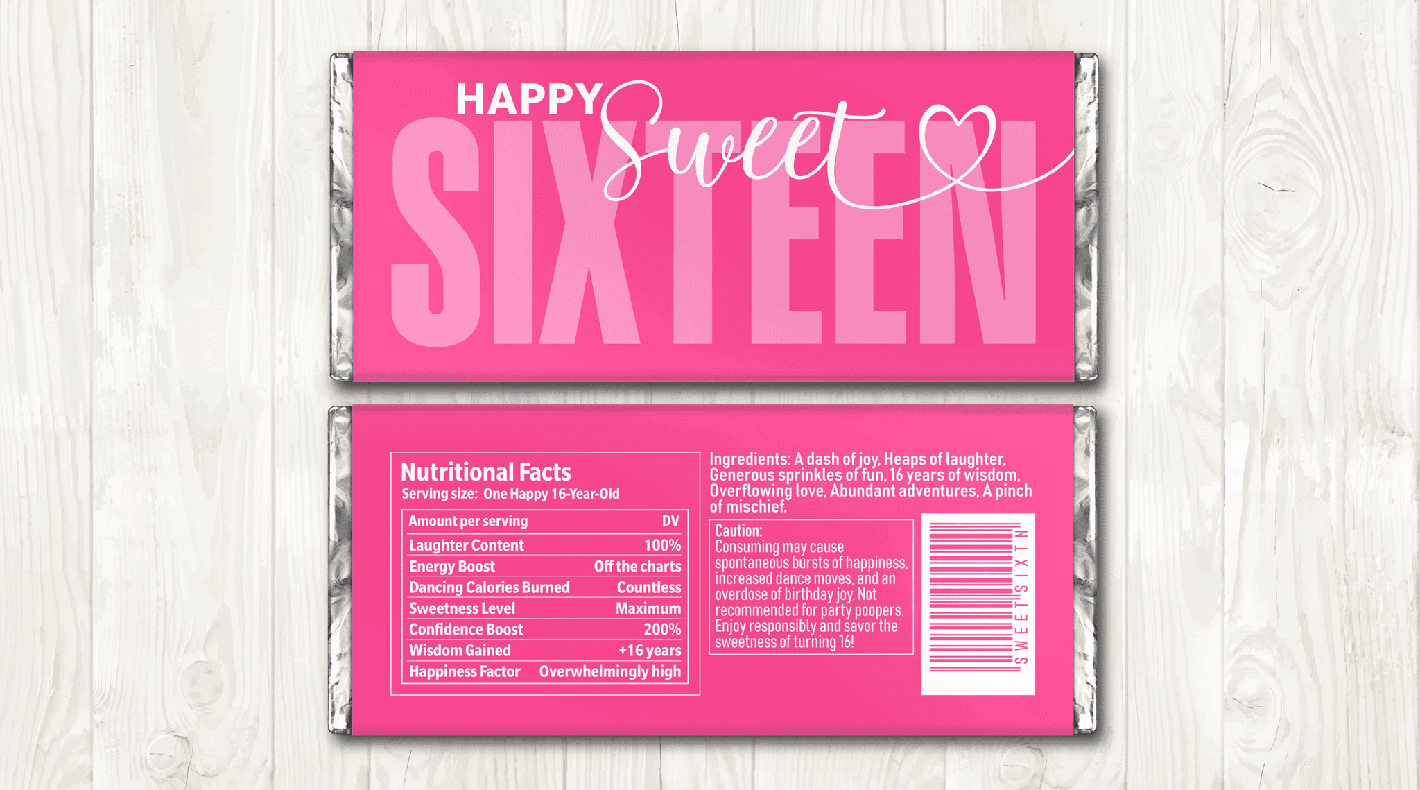 Celebrate in style with this vibrant Sweet Sixteen Chocolate Bar Wrapper for a perfect birthday party favor! Designed to fit standard 1.55 oz Hershey bars, this printable wrapper features a bright pink design with playful 'nutritional facts' tailored for a fun and memorable sweet sixteen celebration. Instant download makes it easy to print at home and add a personal touch to any birthday event. Ideal for Sweet 16 party favors, customizable wrappers, and unique birthday gifts.