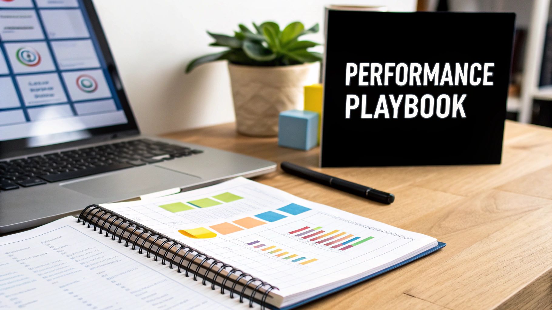 A desk with a laptop, open notebook displaying colorful charts, a pen, and a sign saying 'Performance Playbook'.