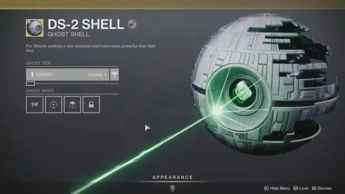 A cosmetic skin of the second Death Star over a Ghost shell in Destiny 2