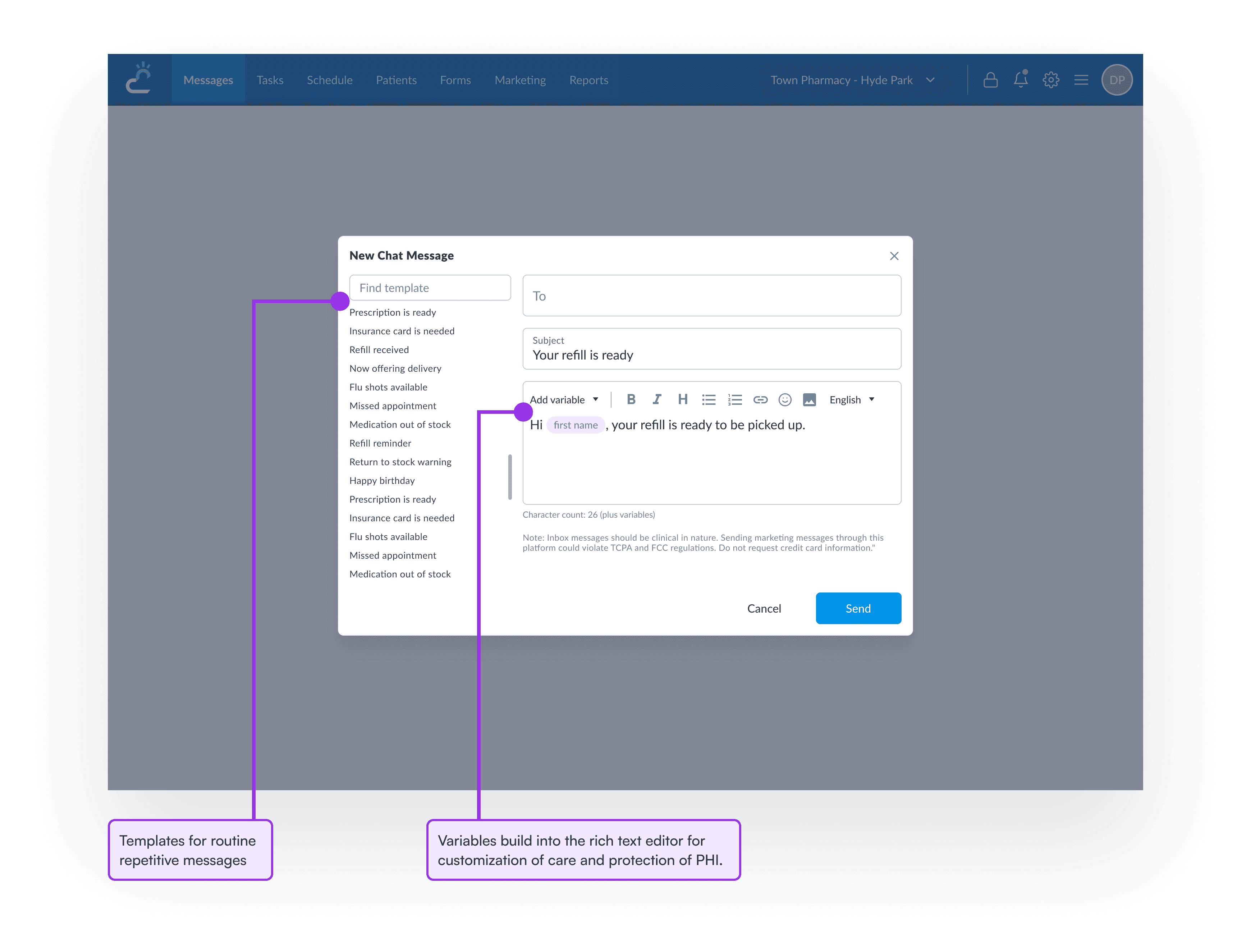 New chat message modal mockup