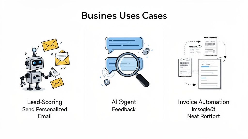 Illustrative examples of business AI and automation, including lead-scoring, AI agent feedback, and invoice automation.
