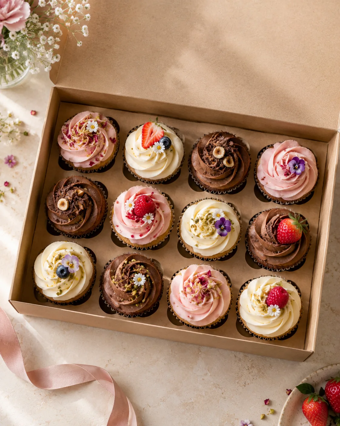 Box of 12 cupcakes in three flavours