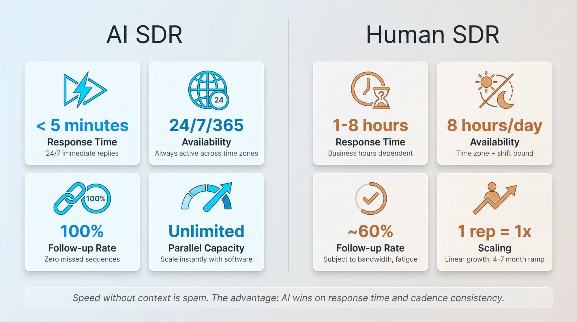Comparison of AI SDR vs human SDR response times, availability, and follow-up cadence showing sub-5-minute AI responses, 24/7 operation, and 100% follow-up rate versus human constraints